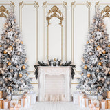 Pared-de-madera-árboles-de-Navidad-chimenea-foto-telón-de-fondo-D916
