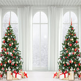Árbol de Navidad caja de regalo ventana nieve telón de fondo D976