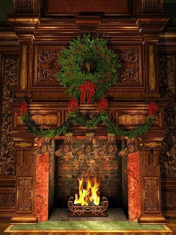 Warm Fireplace Winter Christmas Photography Backdrop KAT-5