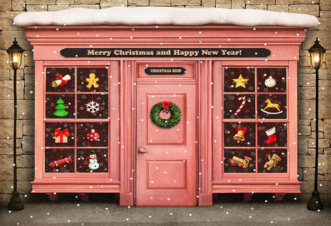 Merry Christmas and Happy New Year Cartoon Pink Gift House Backdrop